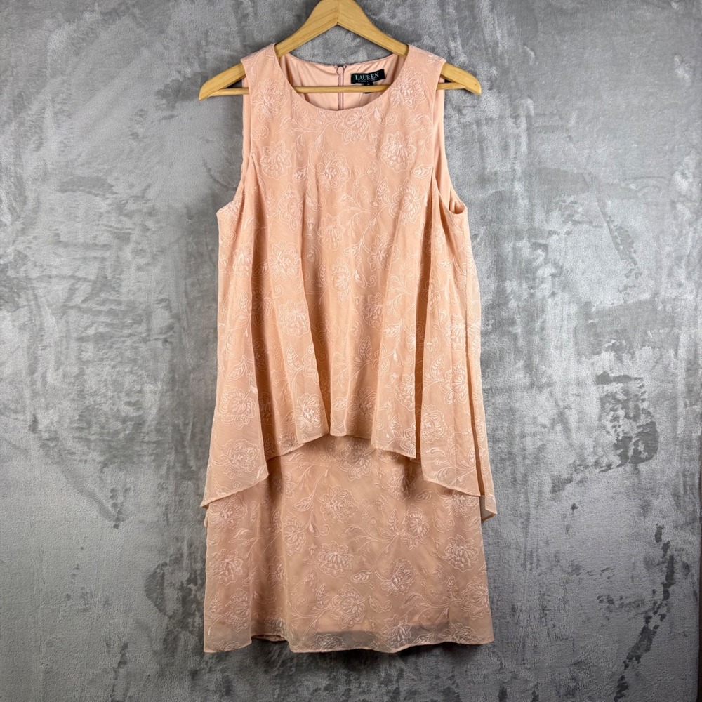 NWT Lauren Ralph Lauren Womens Floral Chiffon Overlay Dress Peach 14 Embroidered